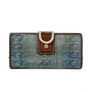 Vintage Gucci Denim GG Monogram D-Ring Wallet Blue Brown Leather Trim